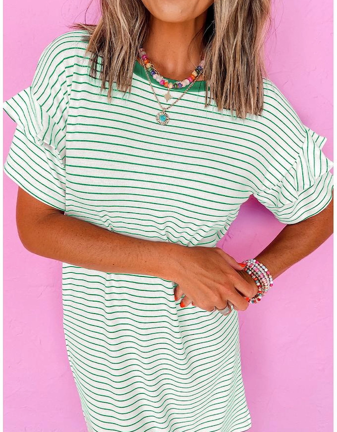 Green Stripe Ruffled Short Sleeve Crew Neck T Shirt Shift Mini Dress