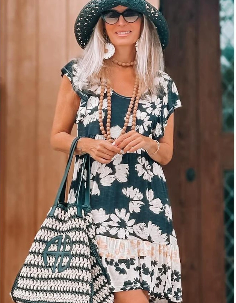 Floral Print Ruffle Sleeve Empire Waist Mini Dress