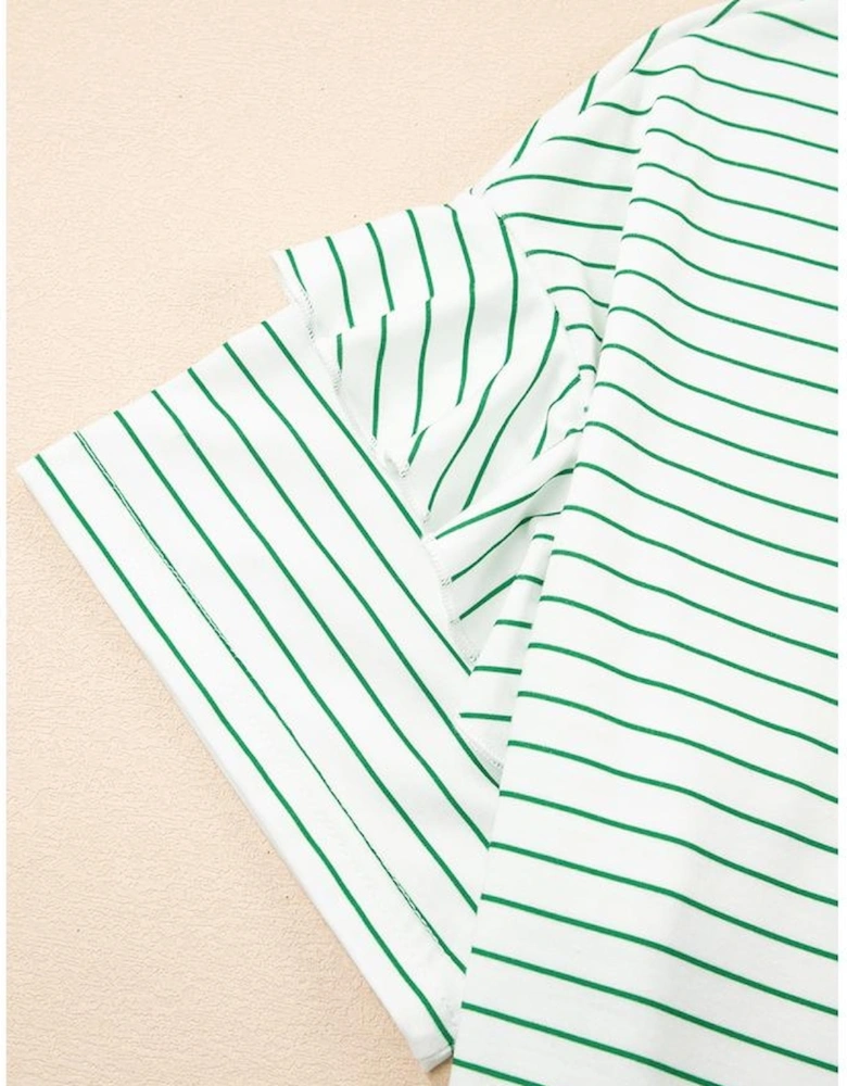 Green Stripe Ruffled Short Sleeve Crew Neck T Shirt Shift Mini Dress