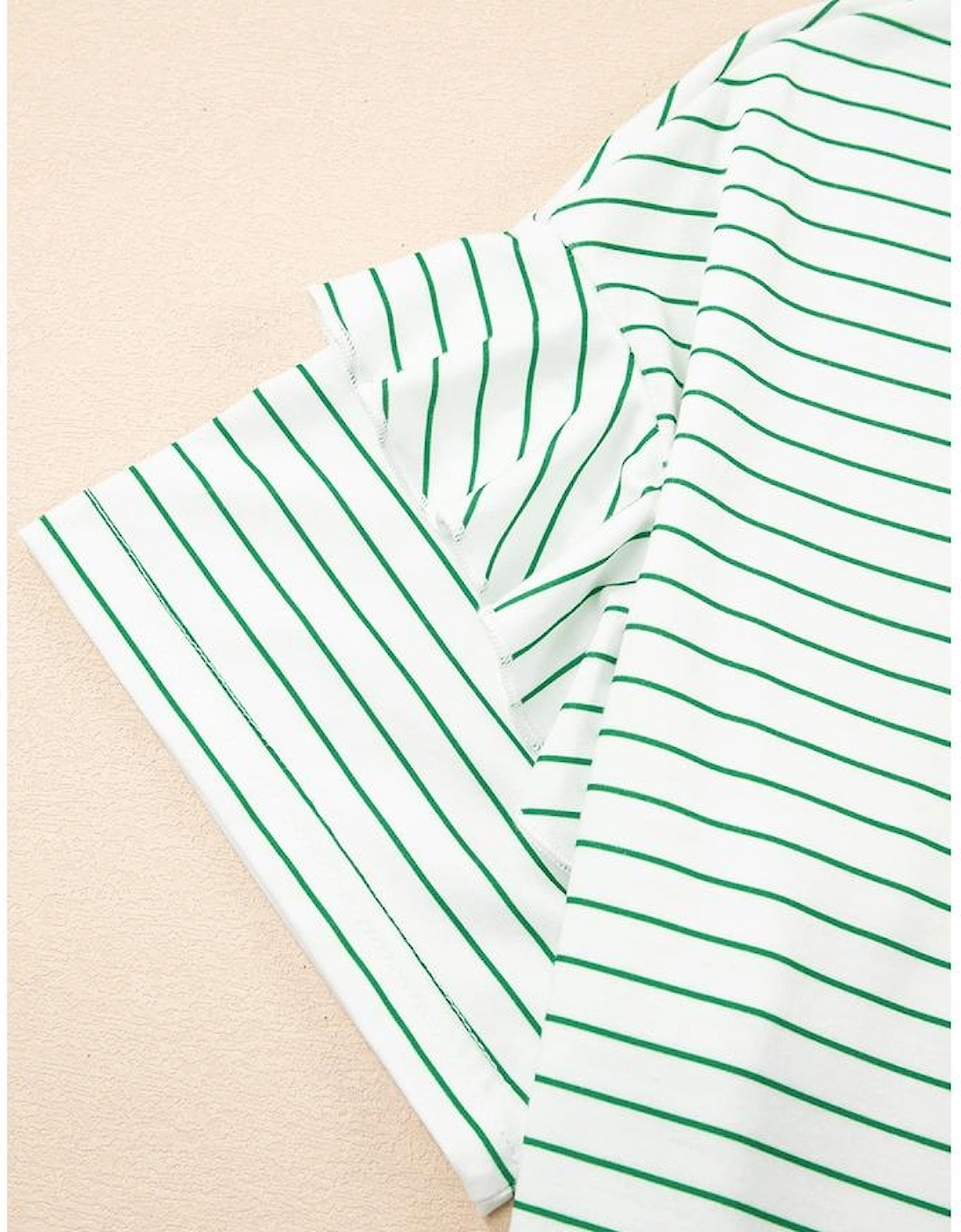 Green Stripe Ruffled Short Sleeve Crew Neck T Shirt Shift Mini Dress