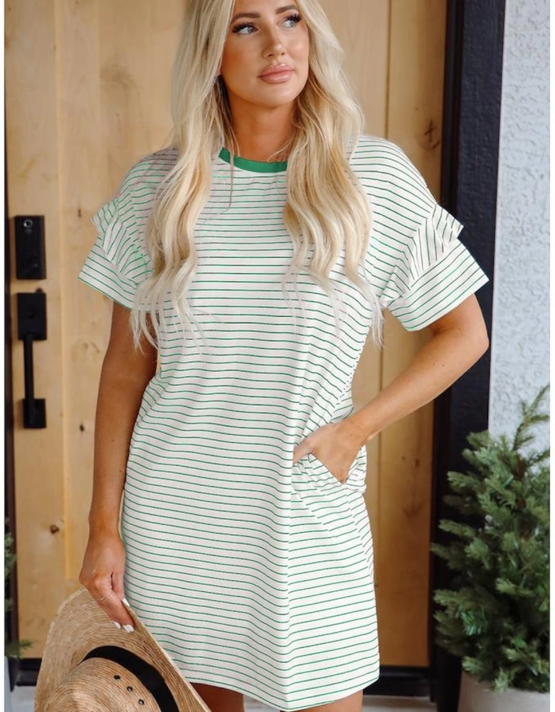 Green Stripe Ruffled Short Sleeve Crew Neck T Shirt Shift Mini Dress