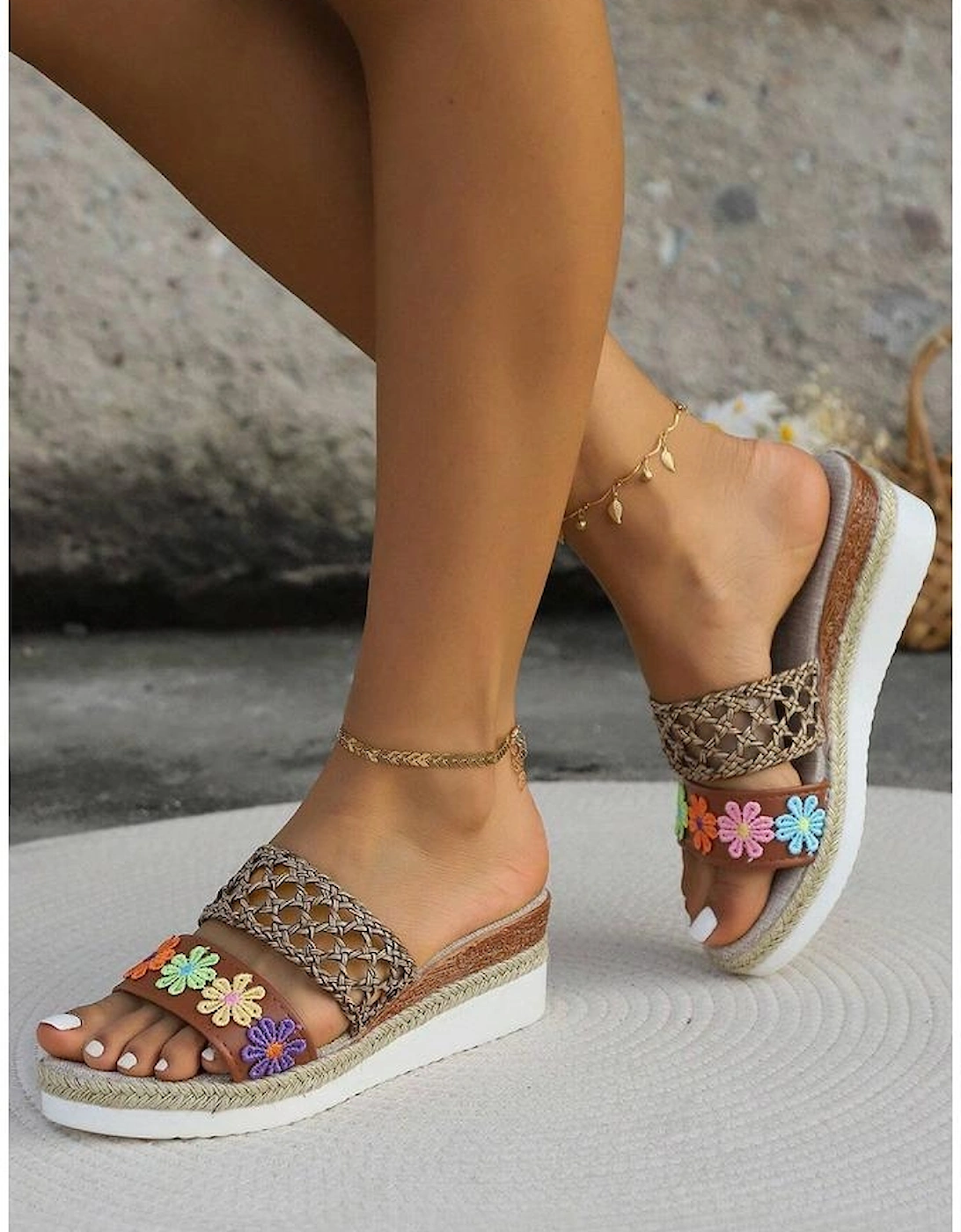 White Floral Print Braided Details Wedge Slippers