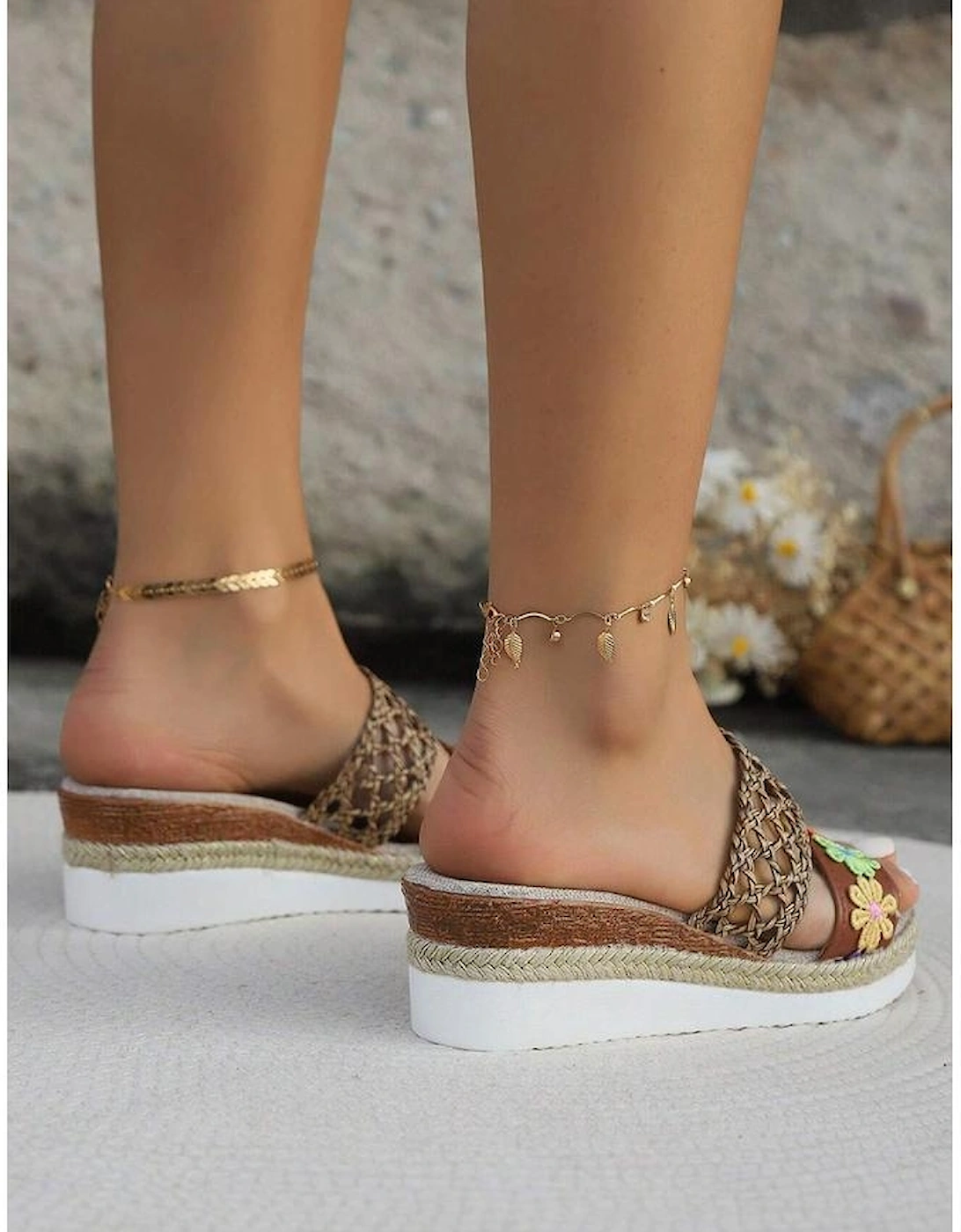 White Floral Print Braided Details Wedge Slippers