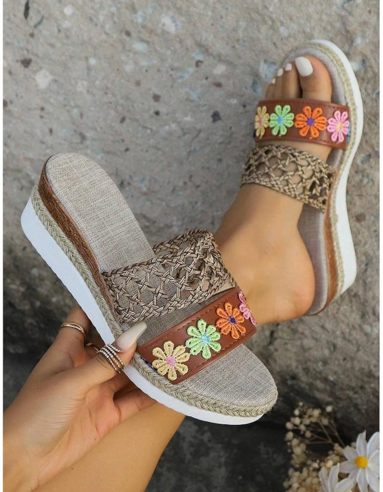 White Floral Print Braided Details Wedge Slippers