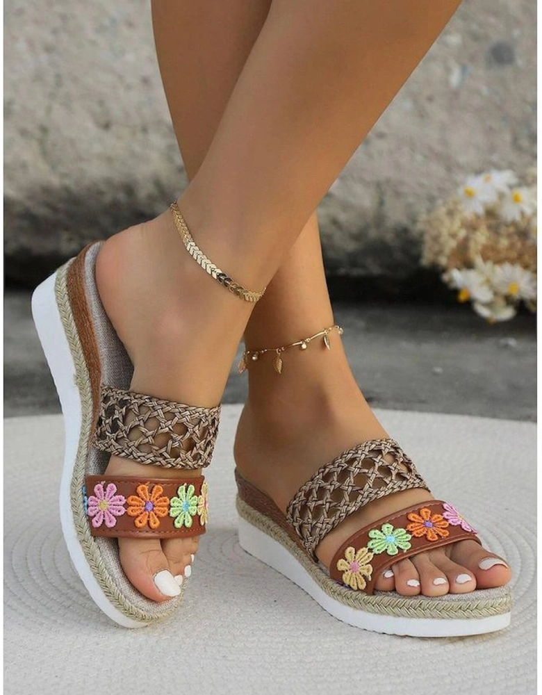 White Floral Print Braided Details Wedge Slippers