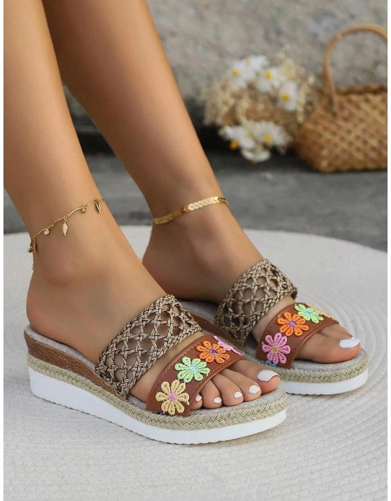 White Floral Print Braided Details Wedge Slippers