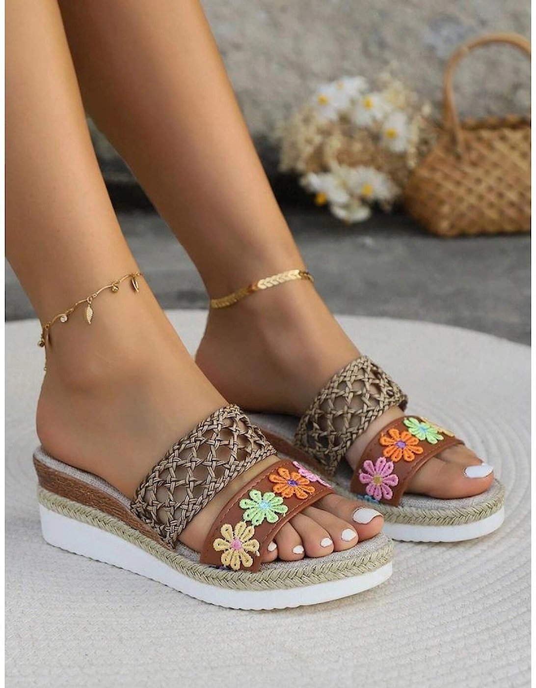 White Floral Print Braided Details Wedge Slippers