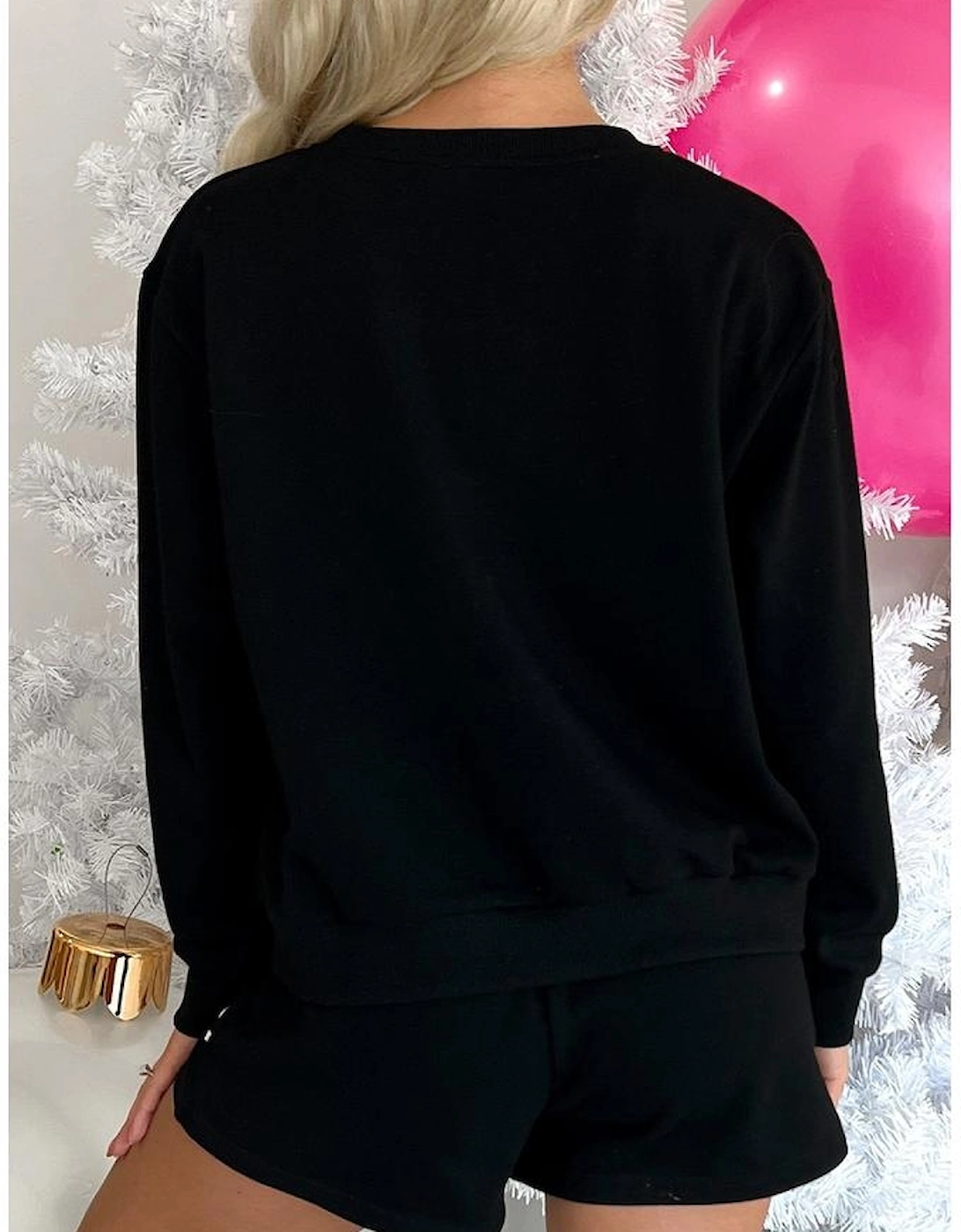 Black Sequin Merry Graphic Pullover and Shorts Outfit