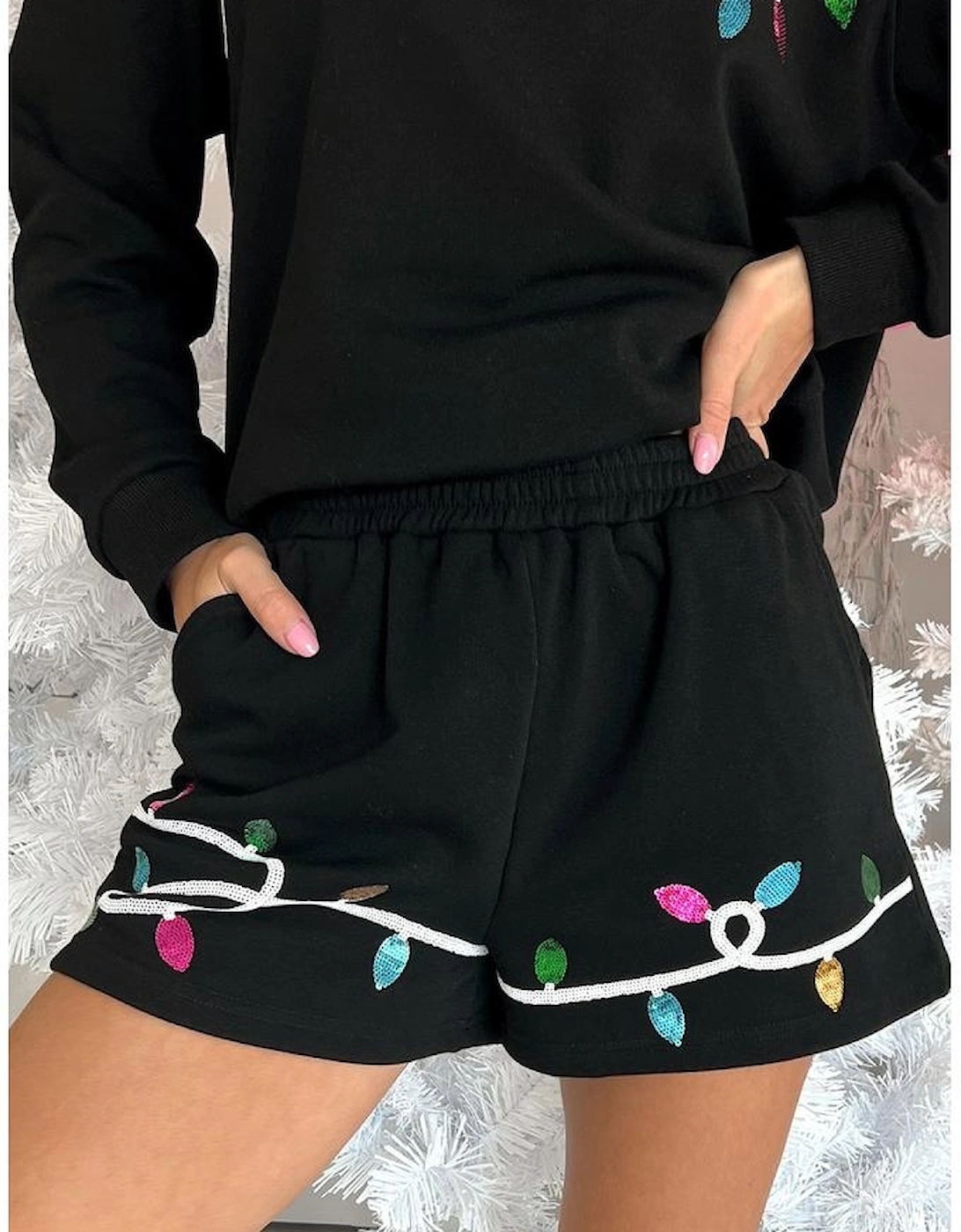 Black Sequin Merry Graphic Pullover and Shorts Outfit