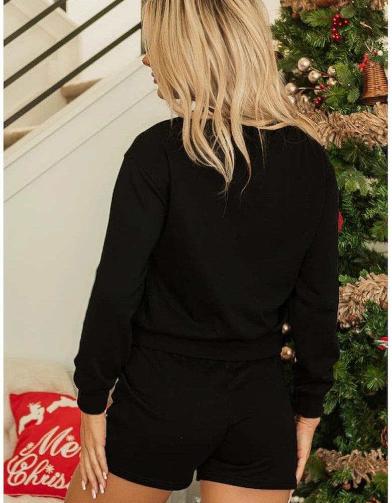 Black Sequin Merry Graphic Pullover and Shorts Outfit