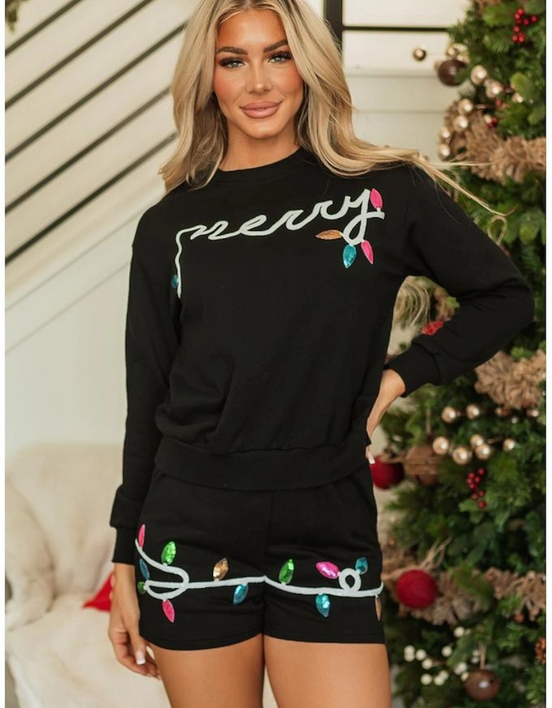 Black Sequin Merry Graphic Pullover and Shorts Outfit