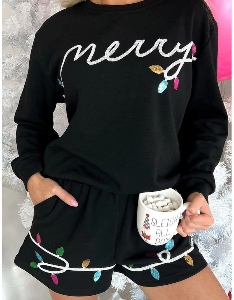 Black Sequin Merry Graphic Pullover and Shorts Outfit