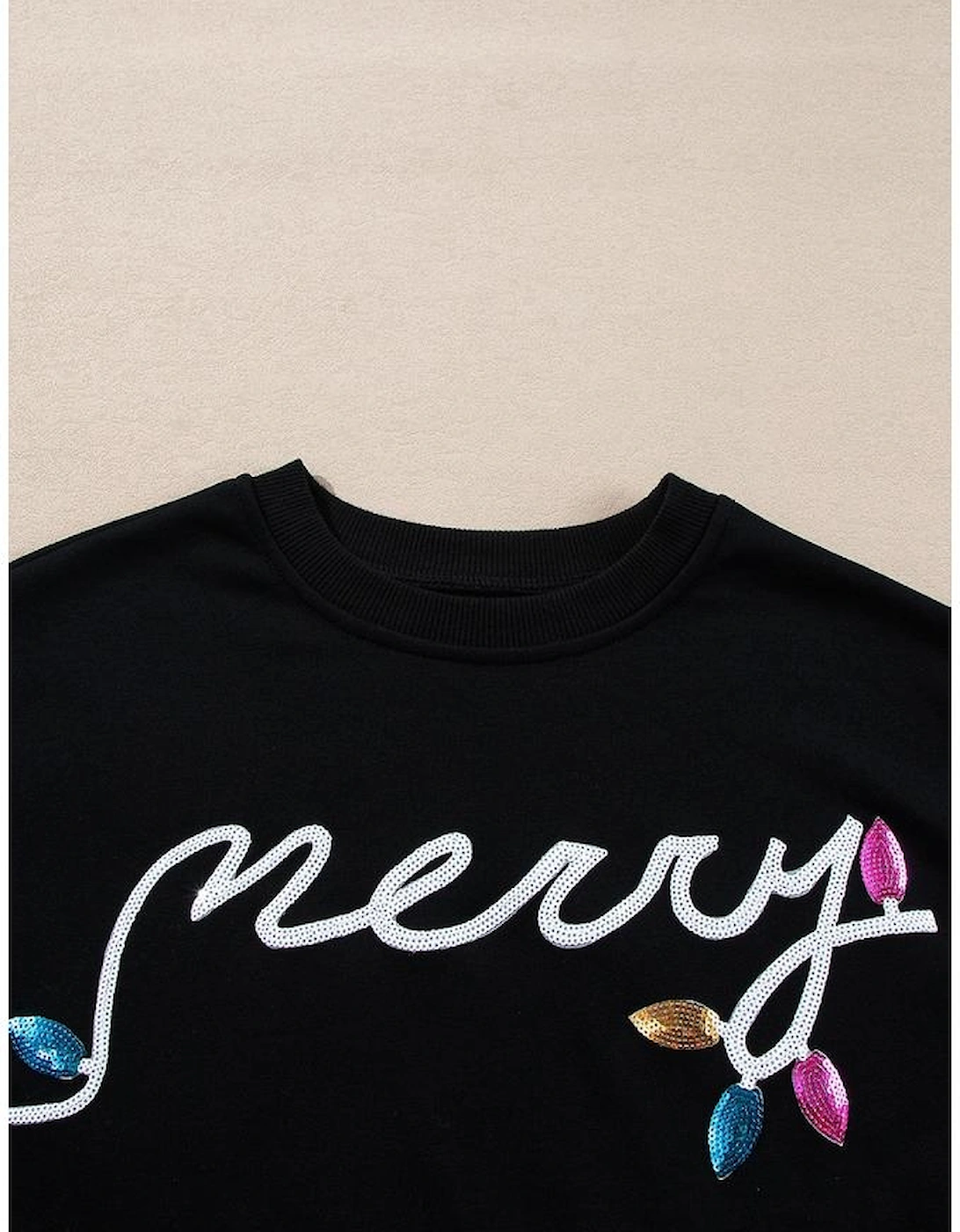 Black Sequin Merry Graphic Pullover and Shorts Outfit