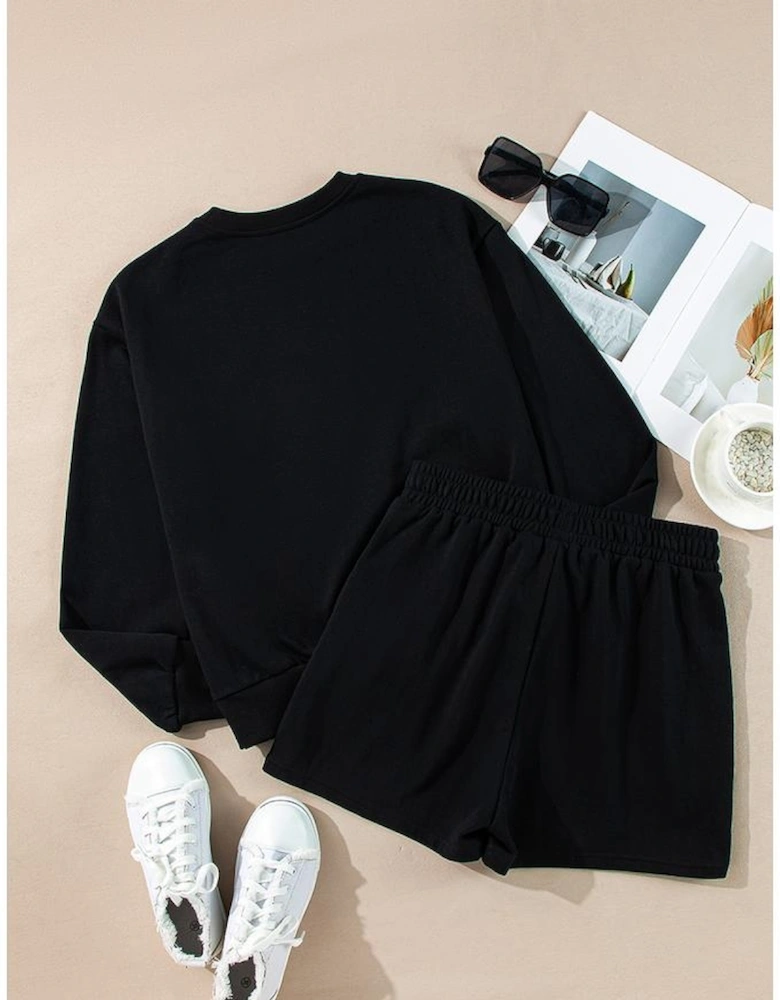 Black Sequin Merry Graphic Pullover and Shorts Outfit