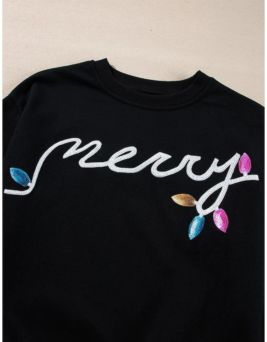 Black Sequin Merry Graphic Pullover and Shorts Outfit