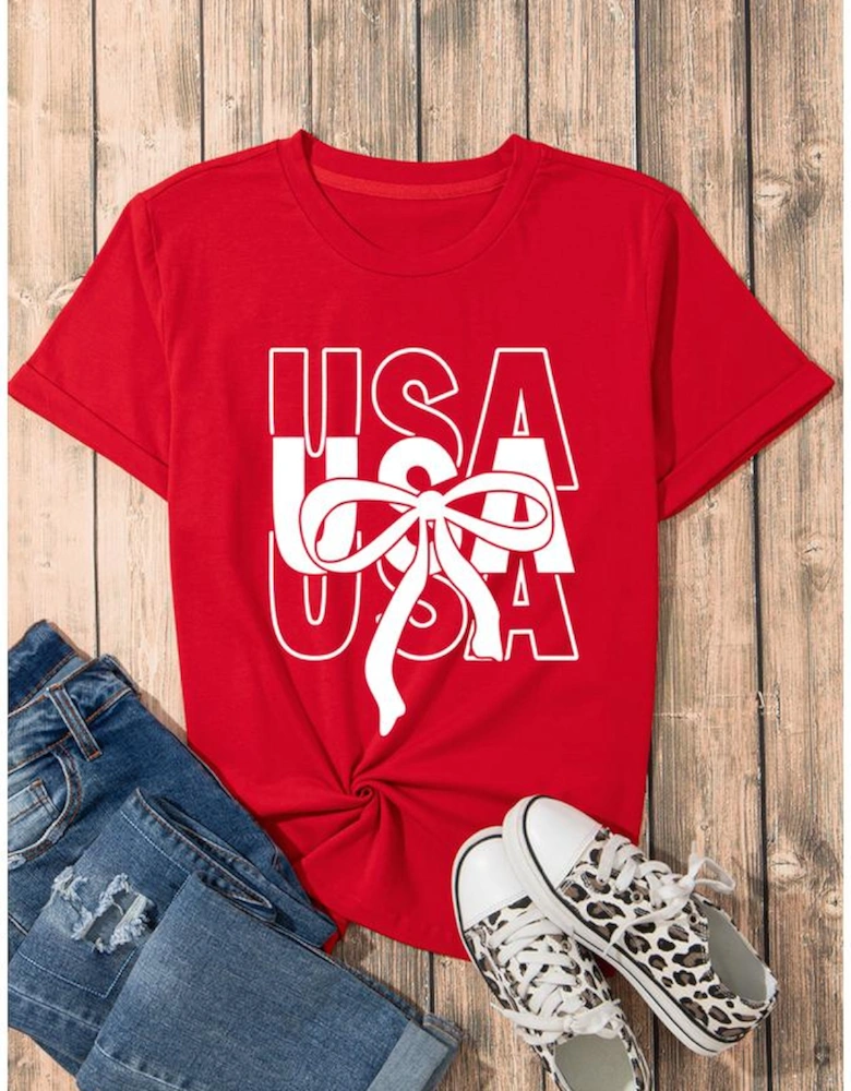 Red USA Bow Printed Casual Cotton Blend T Shirt