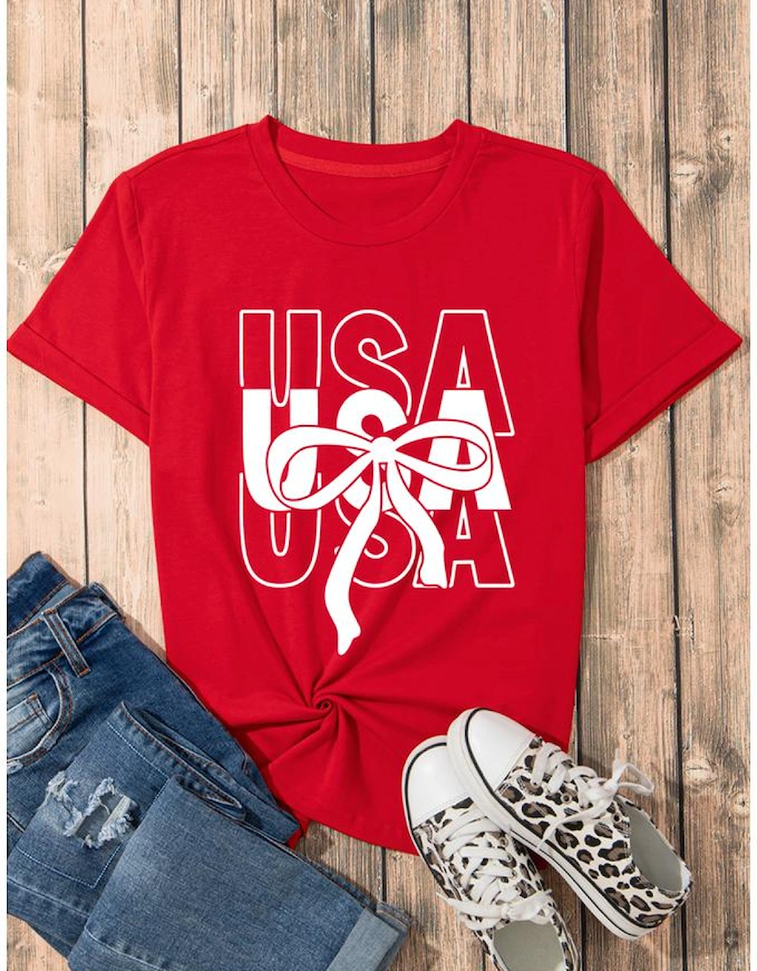 Red USA Bow Printed Casual Cotton Blend T Shirt, 10 of 9