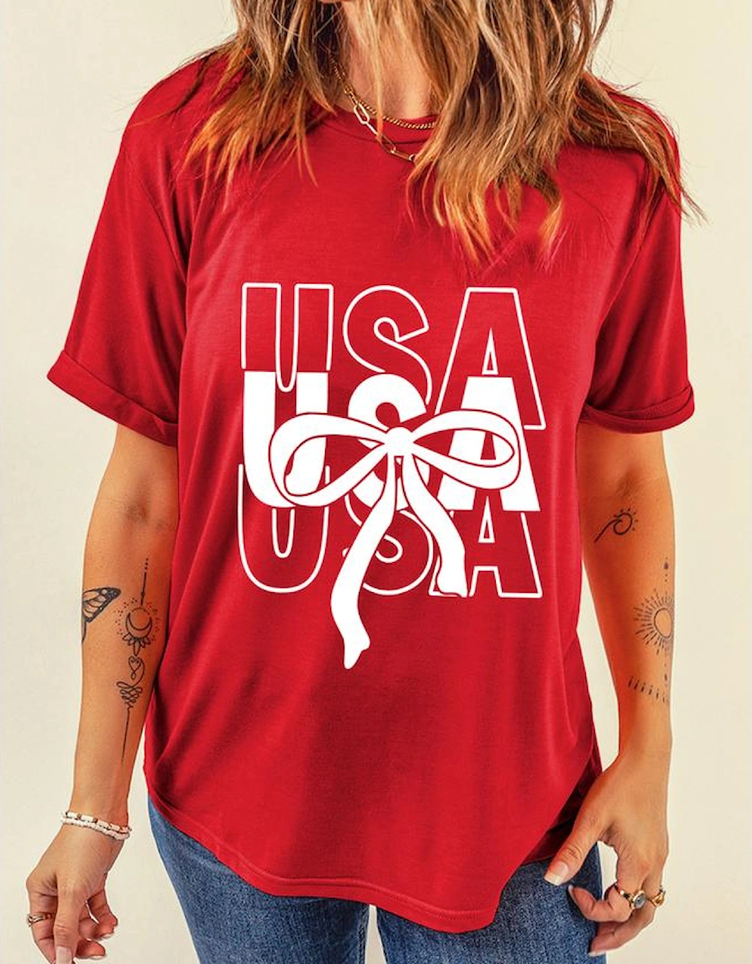 Red USA Bow Printed Casual Cotton Blend T Shirt