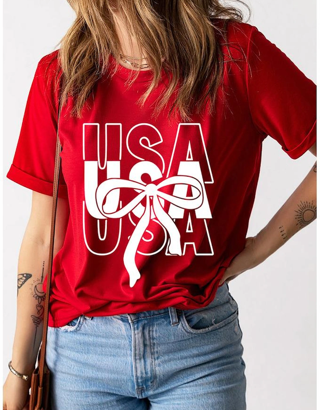 Red USA Bow Printed Casual Cotton Blend T Shirt