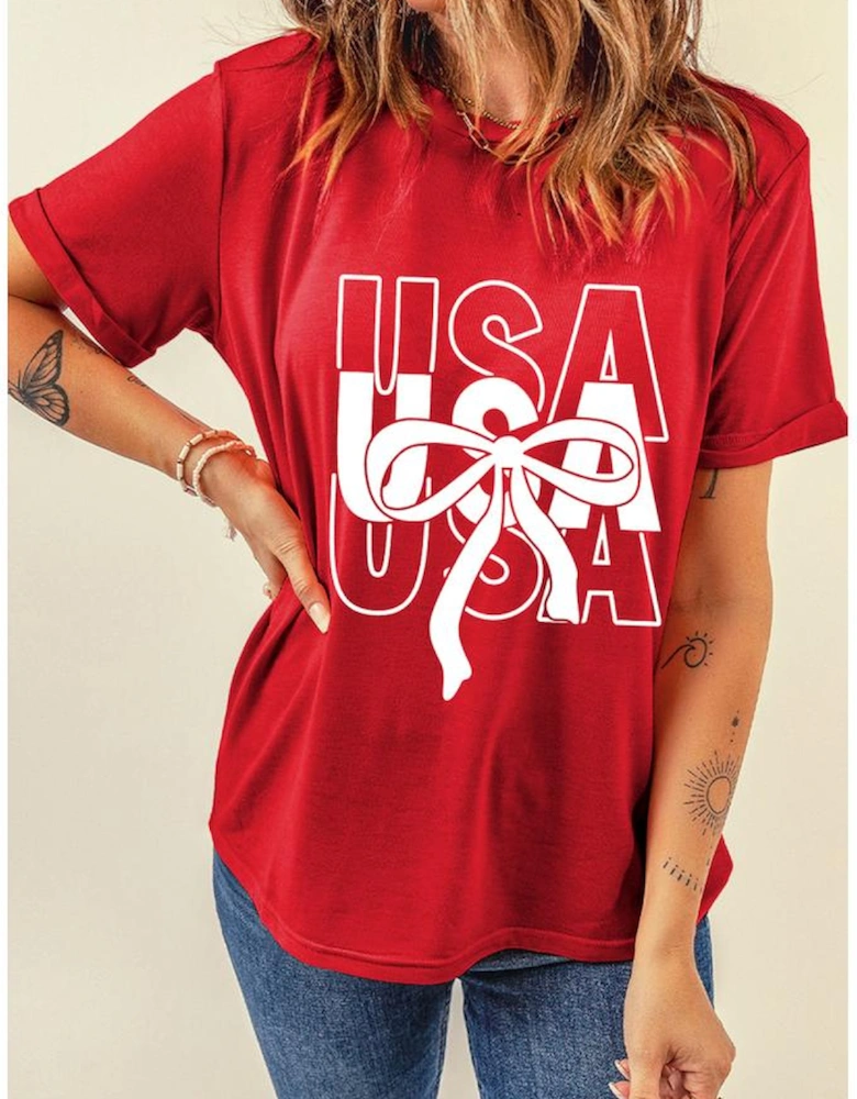 Red USA Bow Printed Casual Cotton Blend T Shirt