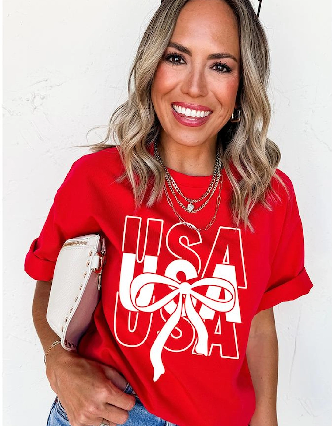 Red USA Bow Printed Casual Cotton Blend T Shirt