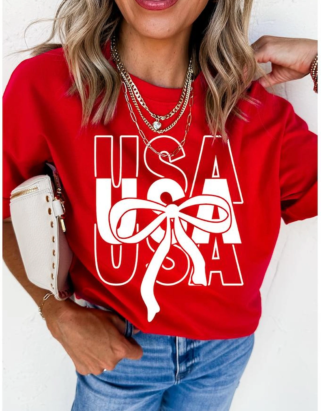 Red USA Bow Printed Casual Cotton Blend T Shirt