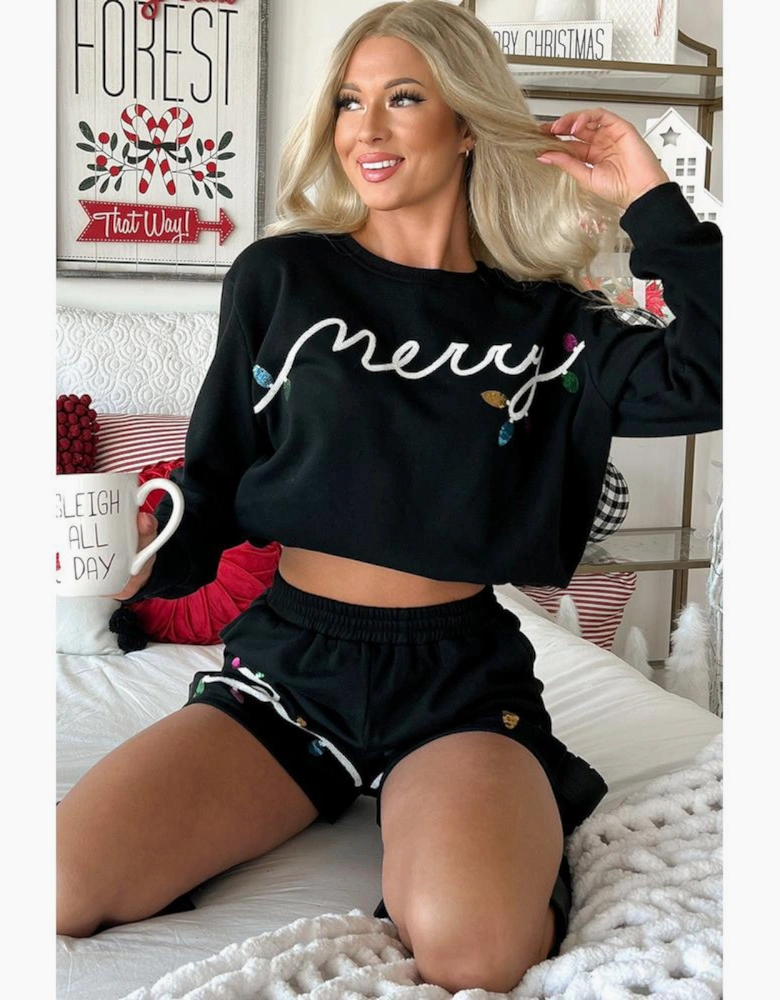 Black Sequin Merry Graphic Pullover and Shorts Outfit