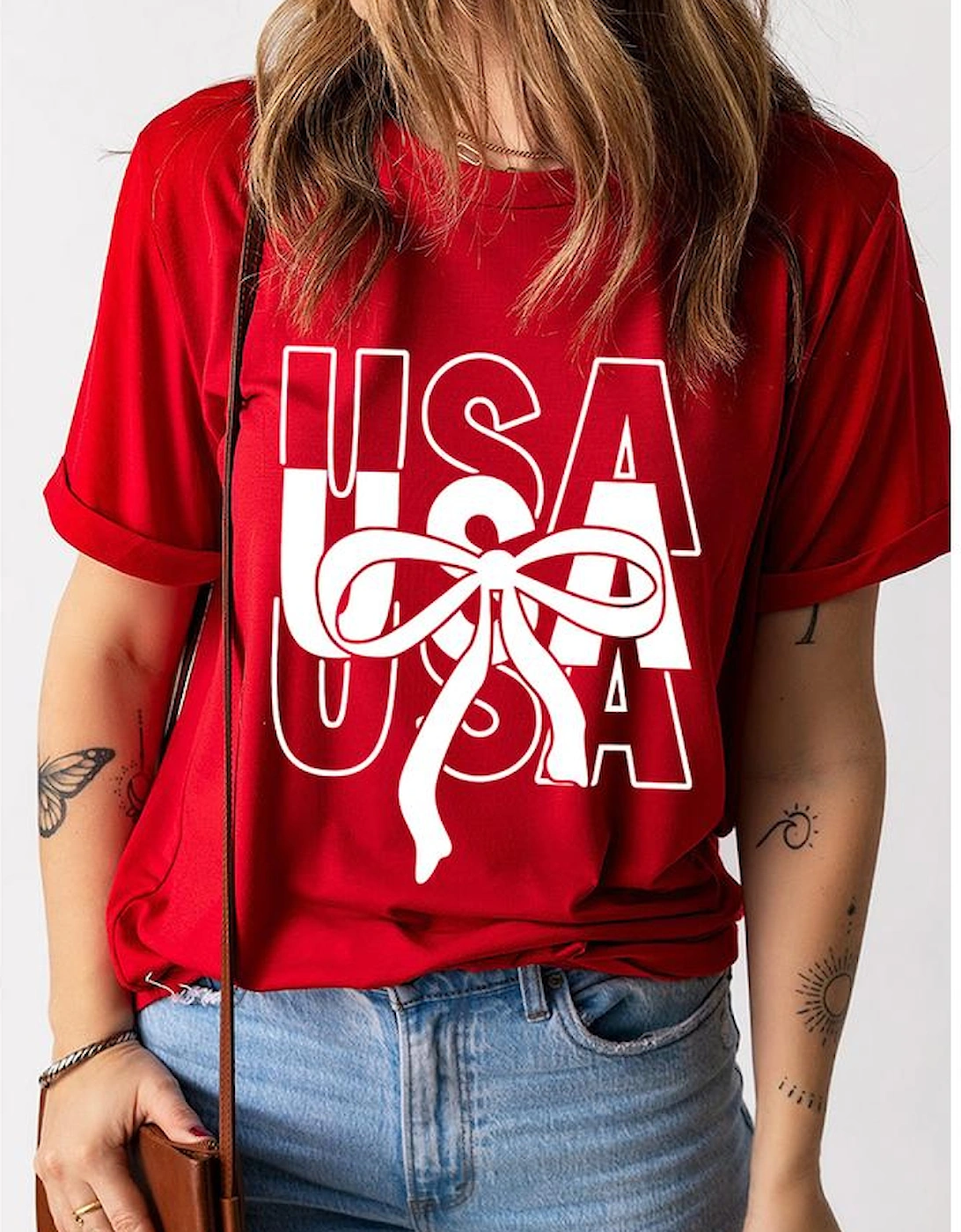 Red USA Bow Printed Casual Cotton Blend T Shirt