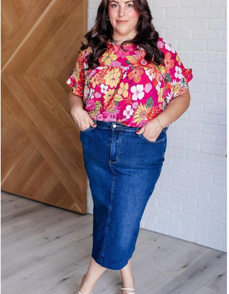Rose Plus Size Floral Print Ruffle Short Sleeve Blouse