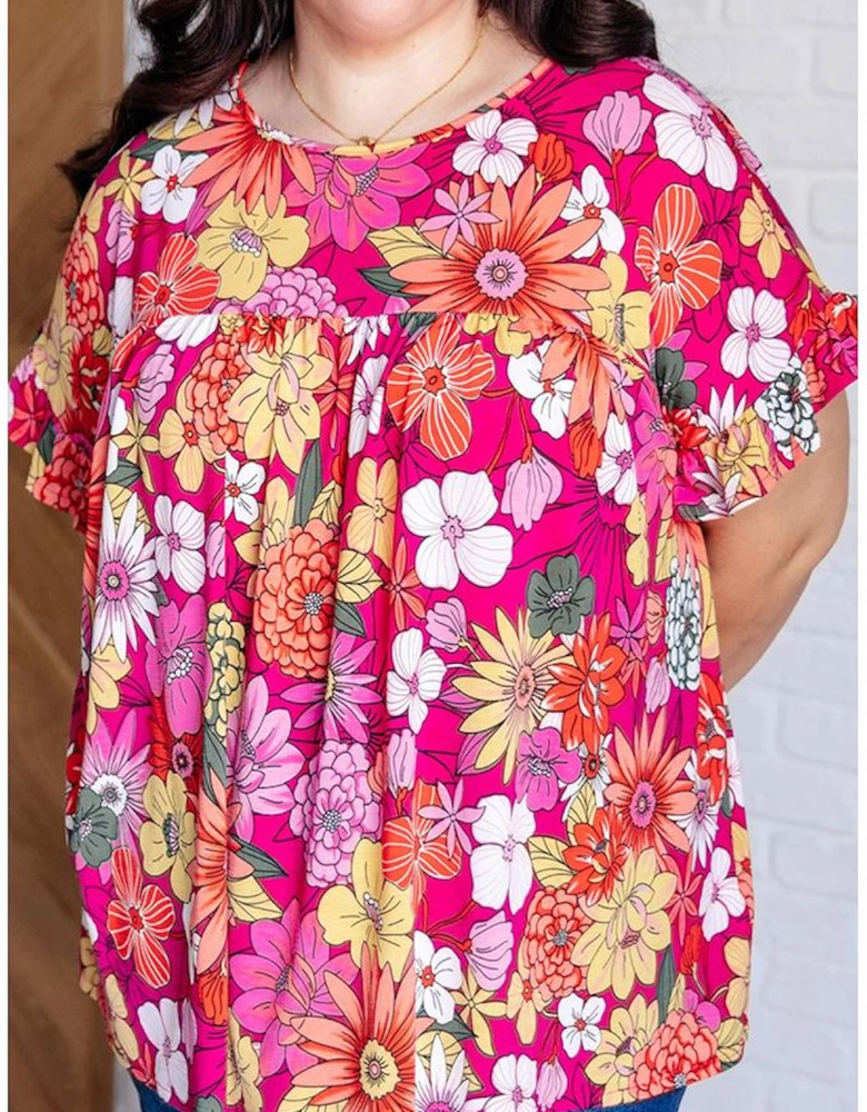 Rose Plus Size Floral Print Ruffle Short Sleeve Blouse