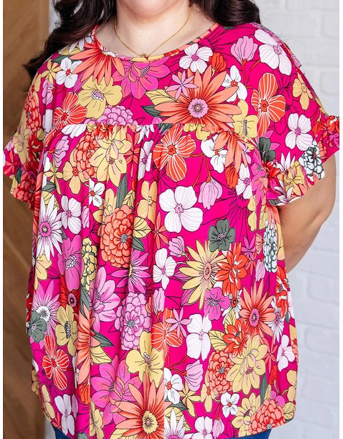Rose Plus Size Floral Print Ruffle Short Sleeve Blouse