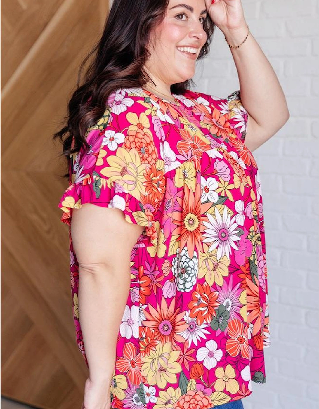 Rose Plus Size Floral Print Ruffle Short Sleeve Blouse