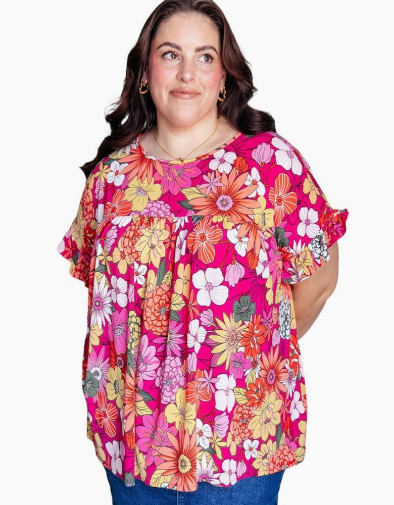 Rose Plus Size Floral Print Ruffle Short Sleeve Blouse