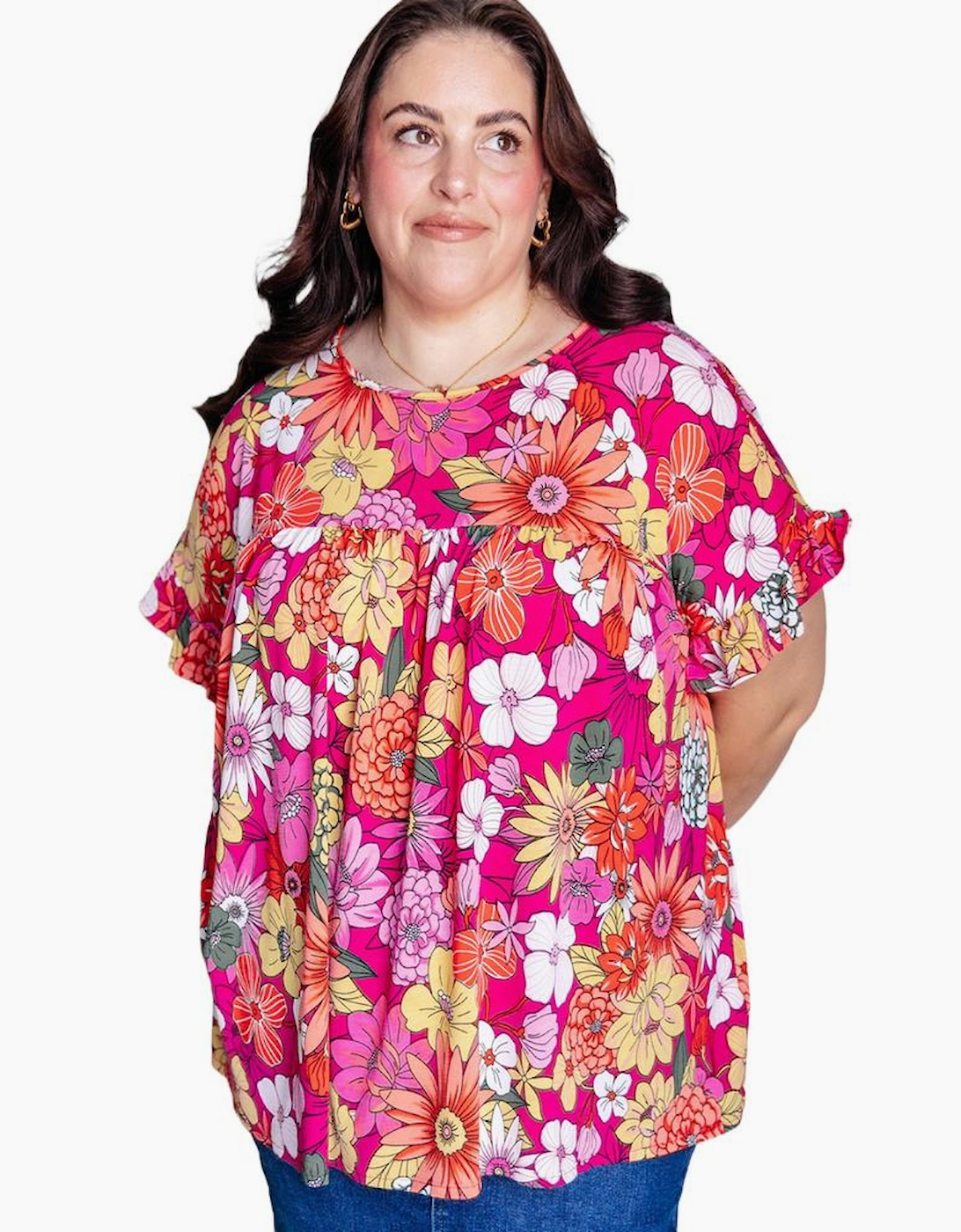 Rose Plus Size Floral Print Ruffle Short Sleeve Blouse