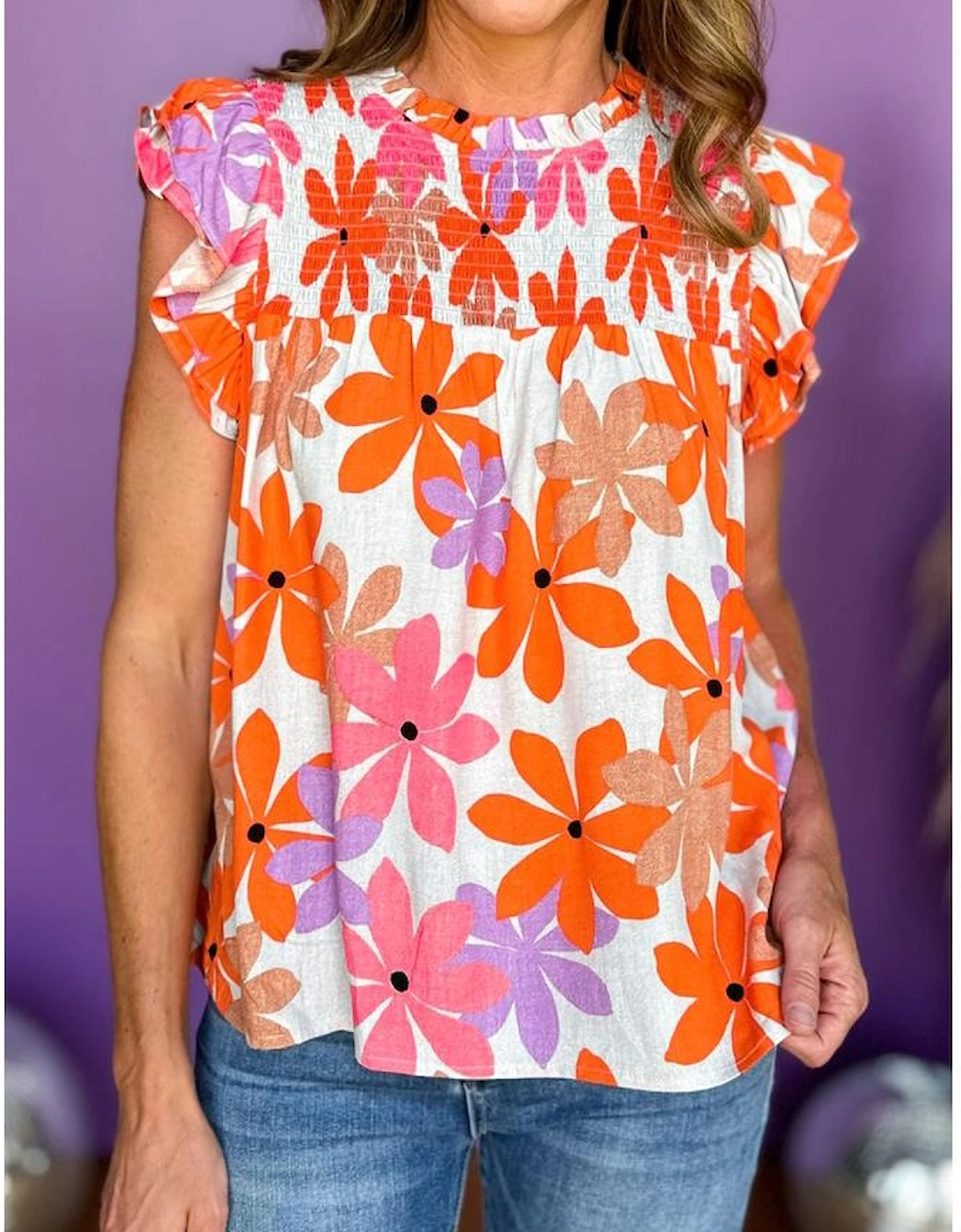 Orange Ruffled Sleeve Smocked Floral Top