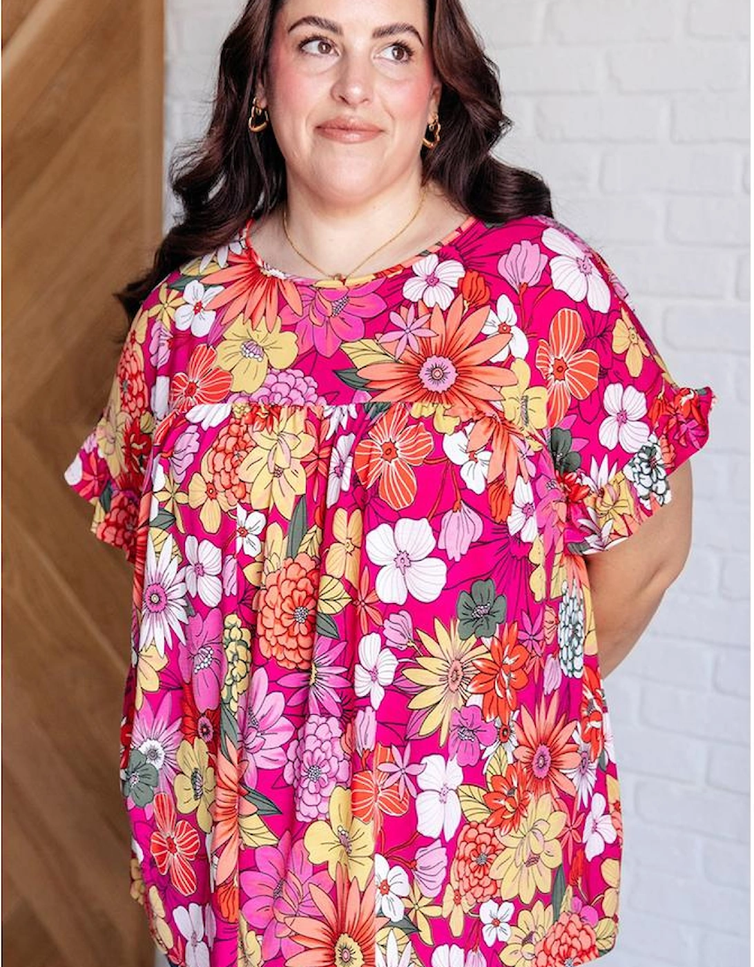 Rose Plus Size Floral Print Ruffle Short Sleeve Blouse