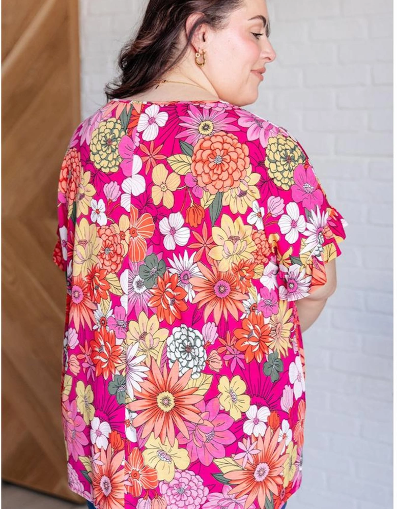 Rose Plus Size Floral Print Ruffle Short Sleeve Blouse