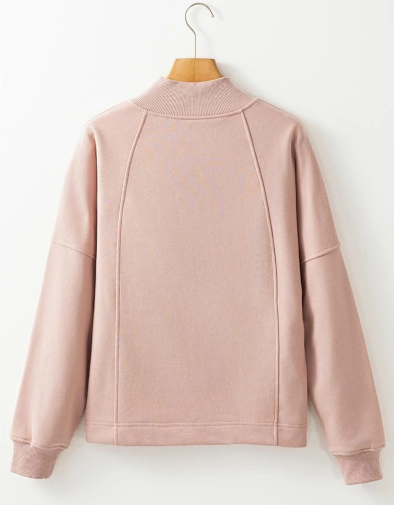 Smoke Gray Zipped Neck Pullover Drop Shoulder Sweatshirt