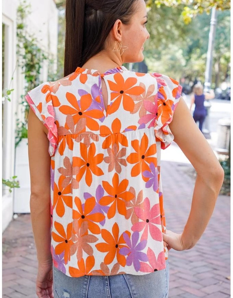 Orange Ruffled Sleeve Smocked Floral Top