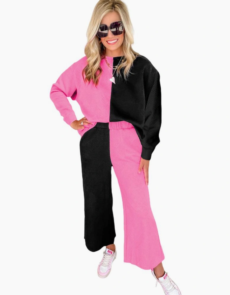 Multicolor Contrast Color Block Textured Casual 2pcs Outfit