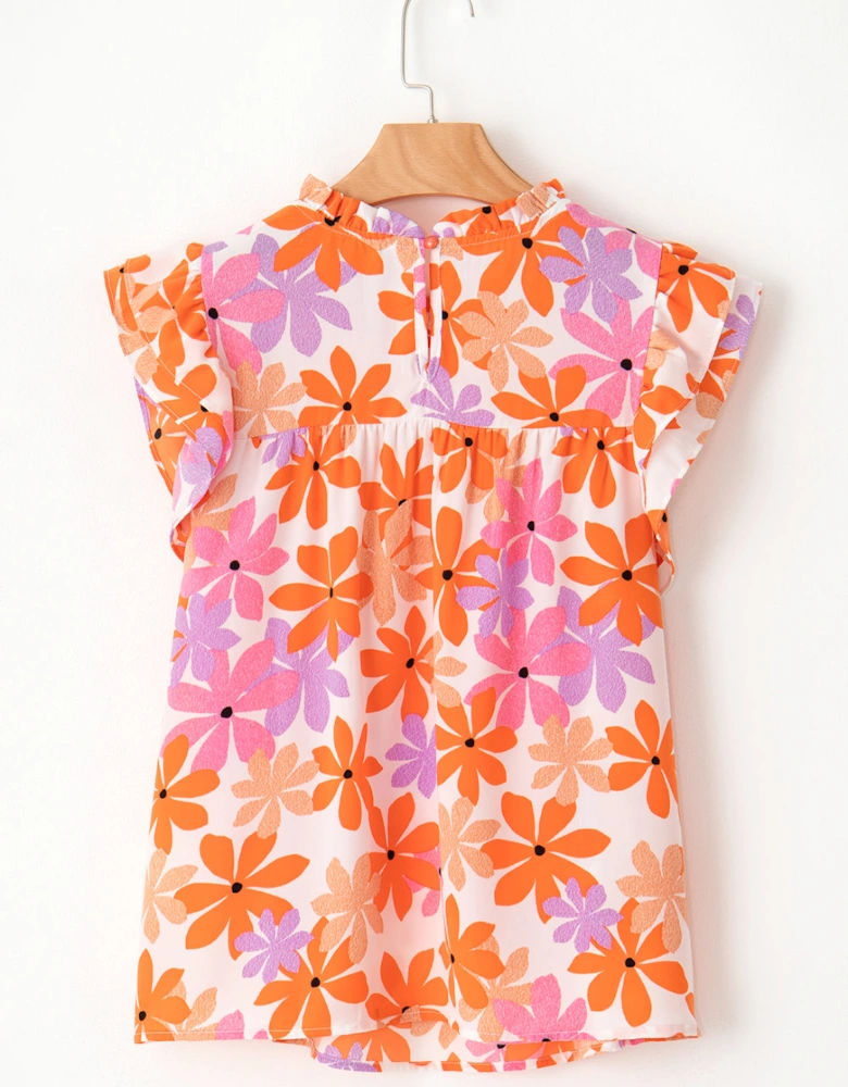 Orange Ruffled Sleeve Smocked Floral Top