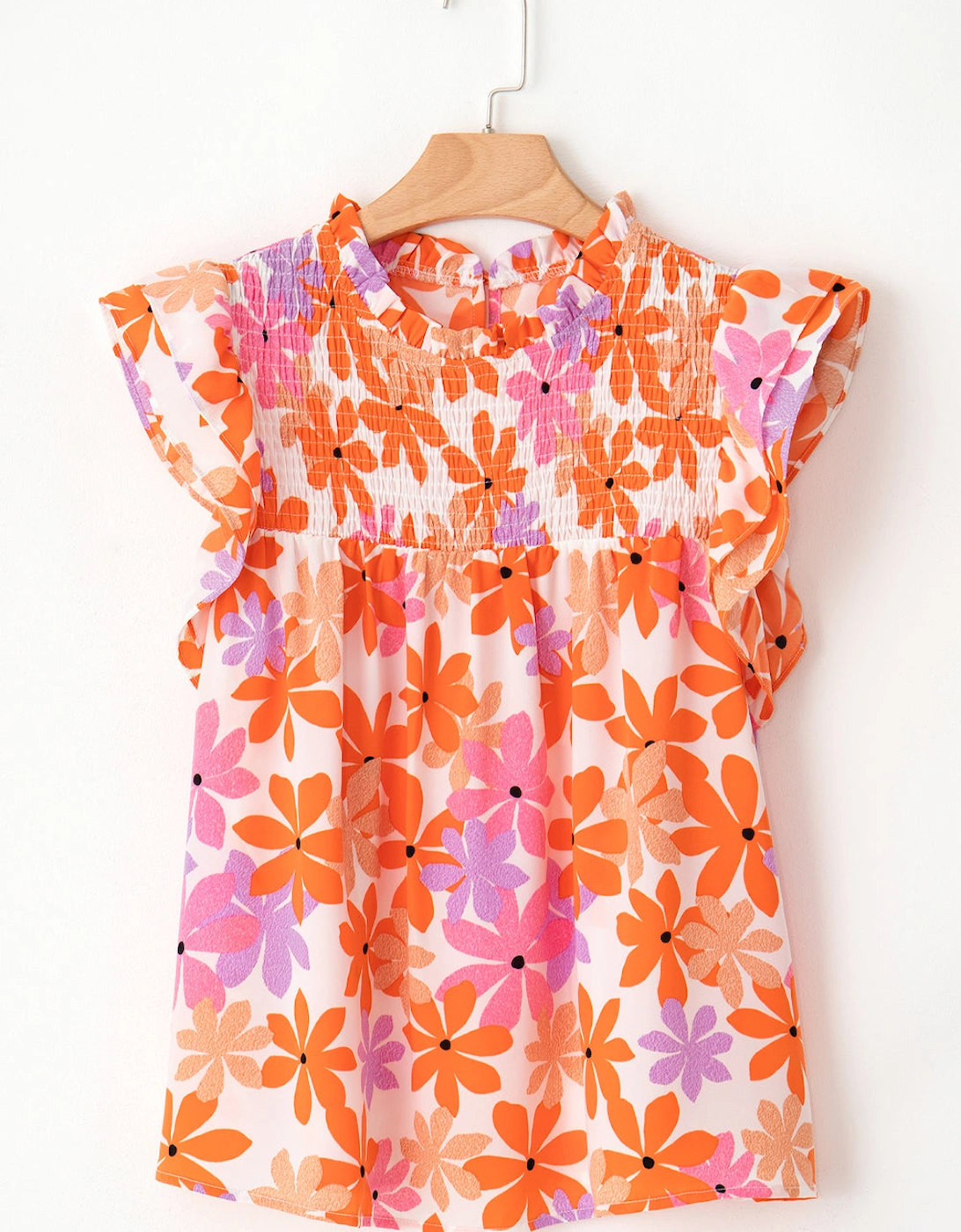 Orange Ruffled Sleeve Smocked Floral Top