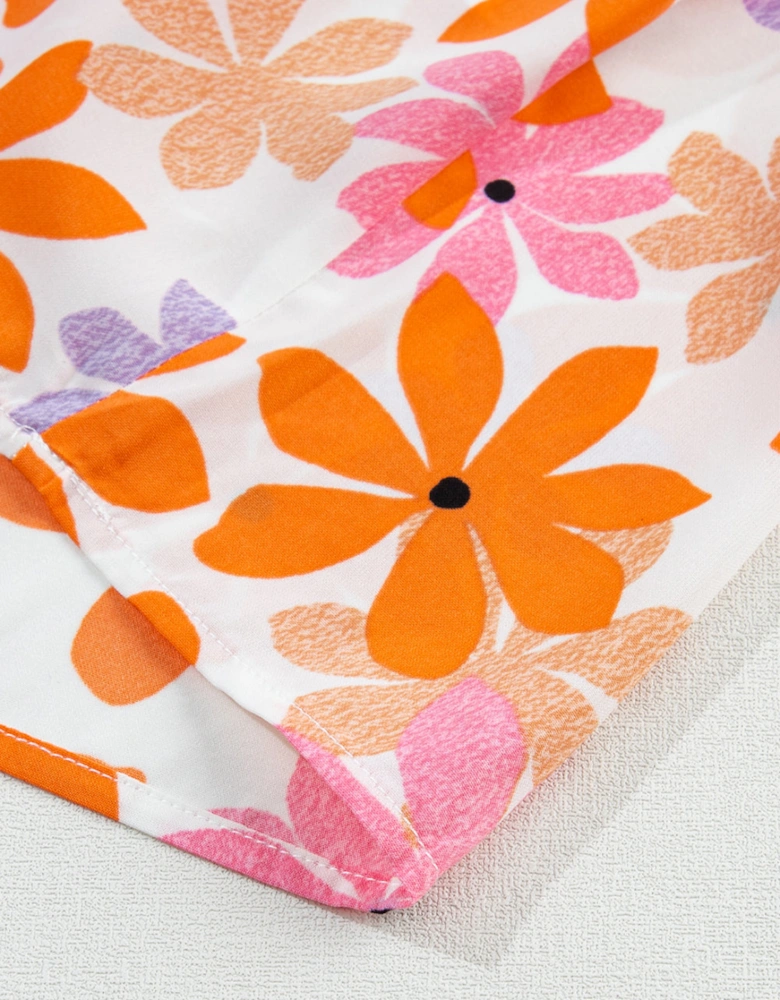 Orange Ruffled Sleeve Smocked Floral Top