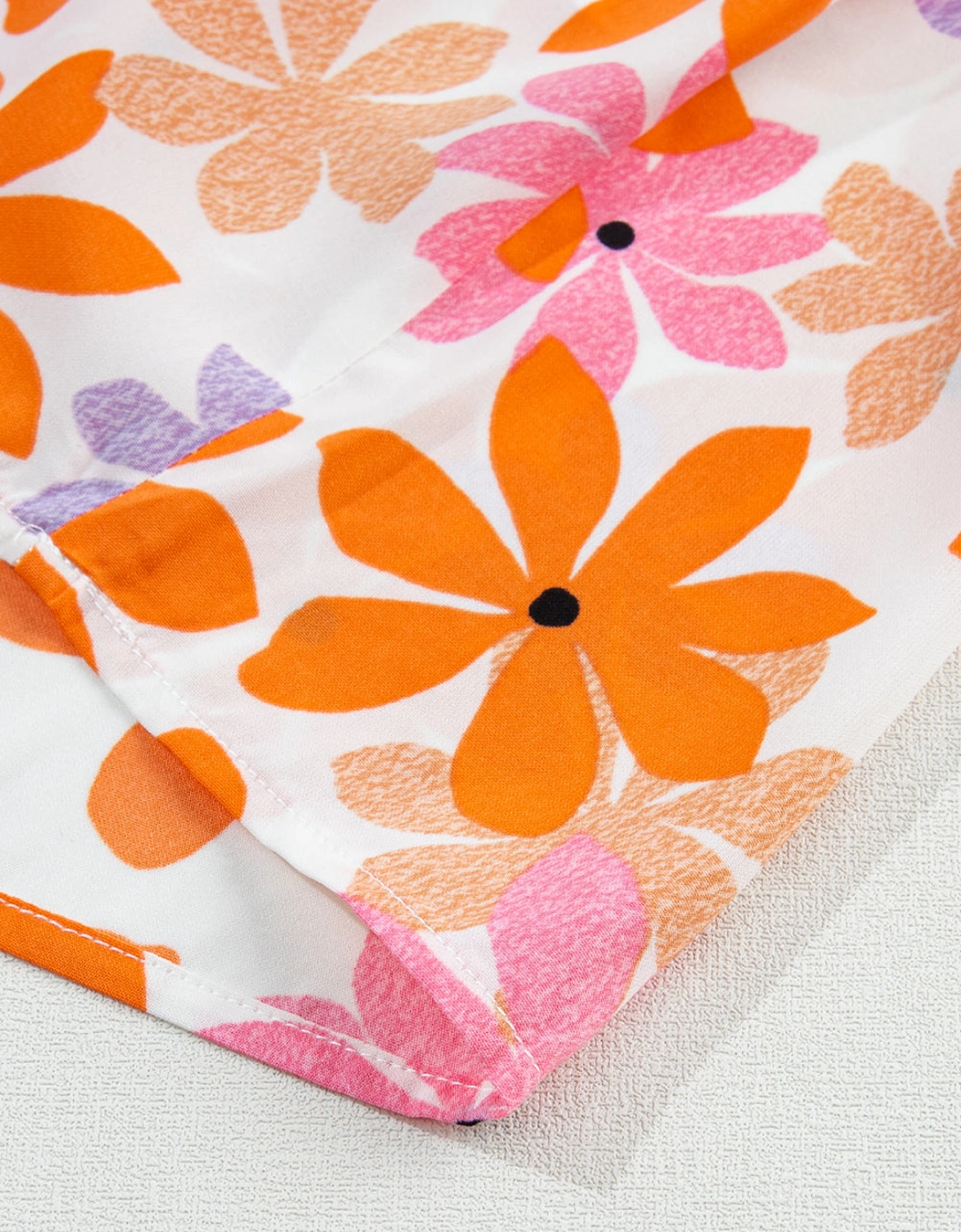 Orange Ruffled Sleeve Smocked Floral Top