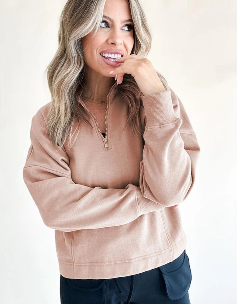 Smoke Gray Zipped Neck Pullover Drop Shoulder Sweatshirt