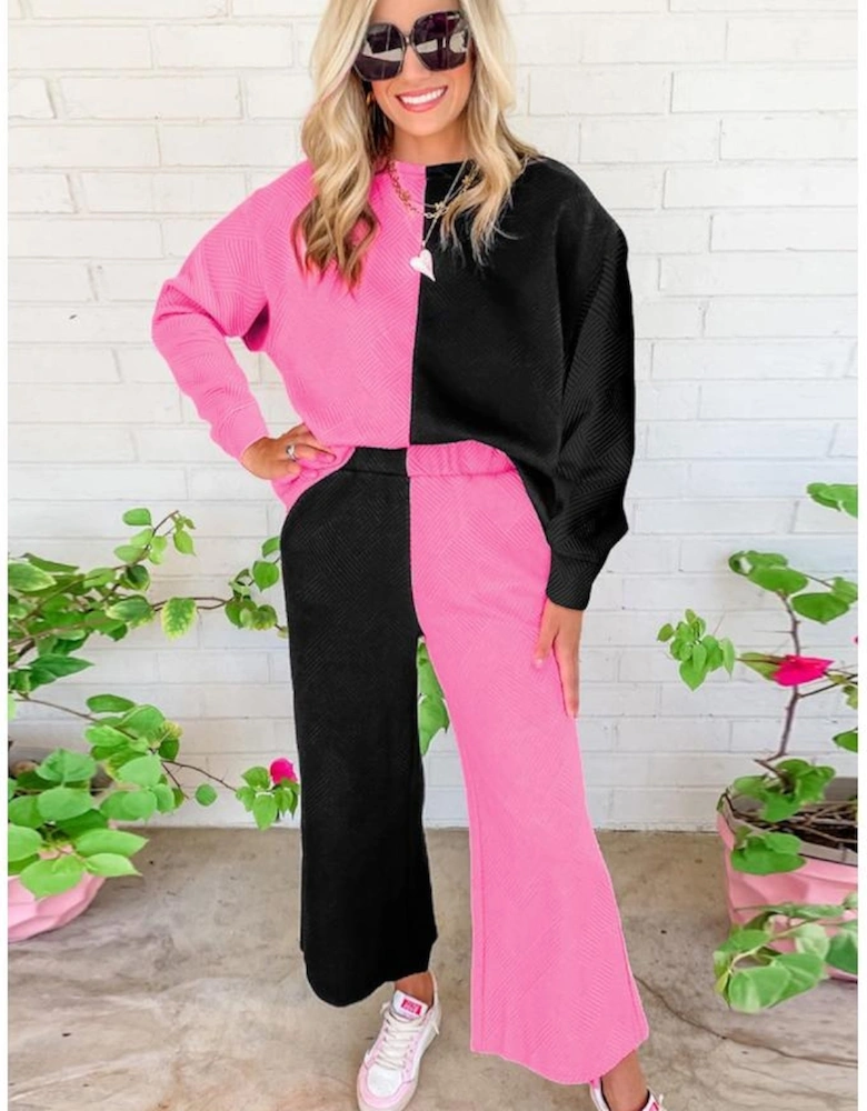 Multicolor Contrast Color Block Textured Casual 2pcs Outfit