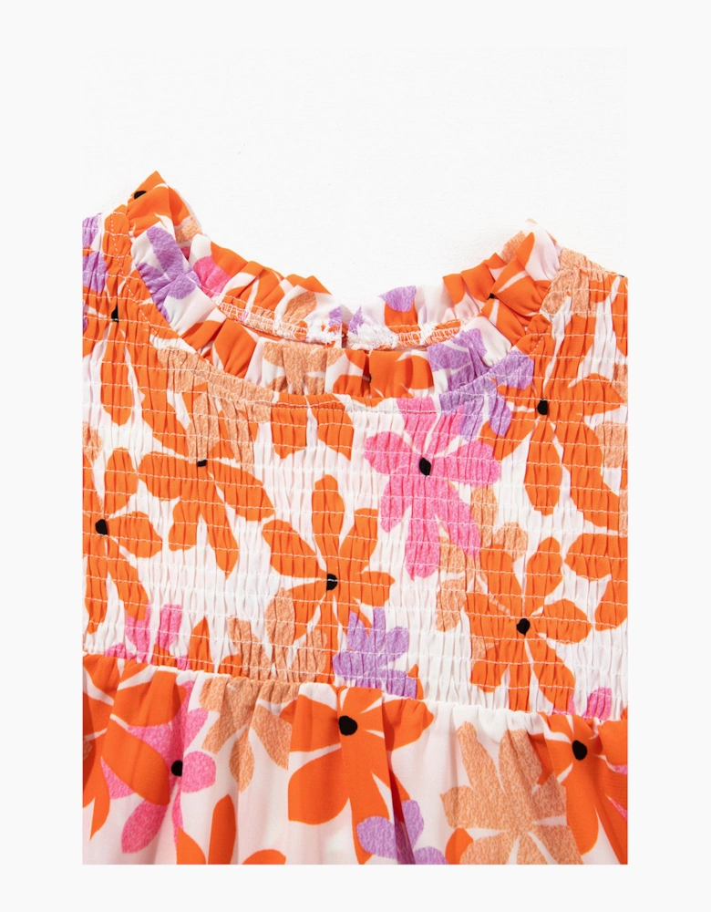 Orange Ruffled Sleeve Smocked Floral Top