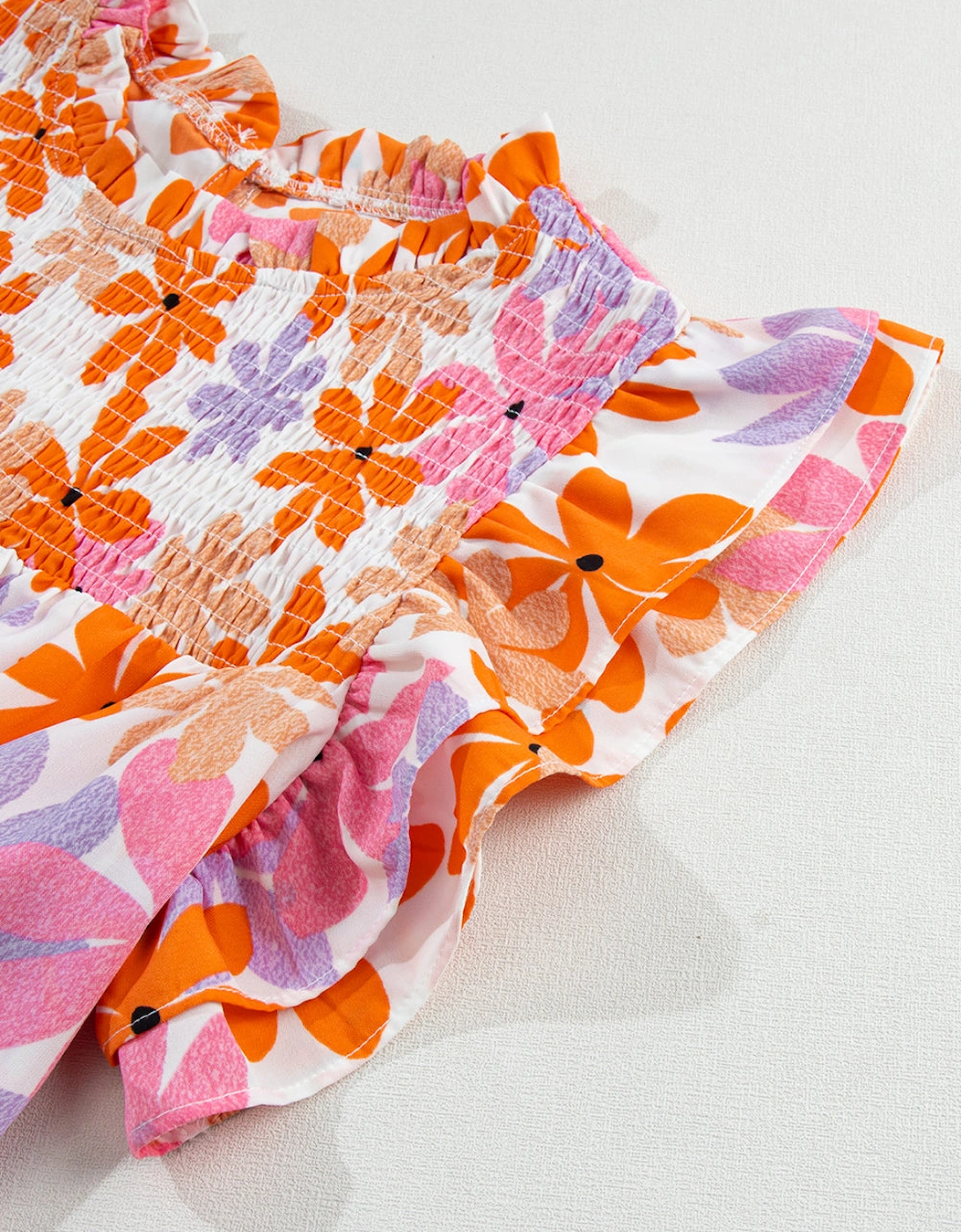 Orange Ruffled Sleeve Smocked Floral Top