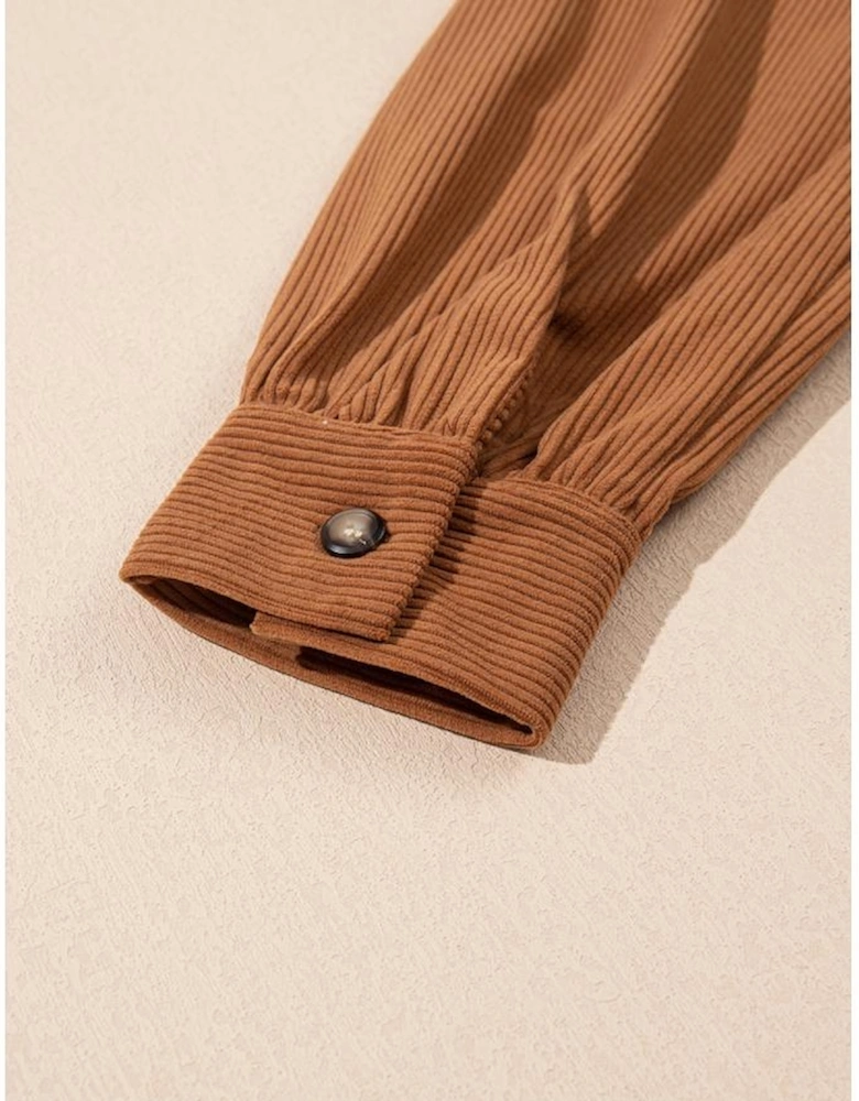 Cinnamon Corduroy Flap Pocket Button Up Round Hem Shacket