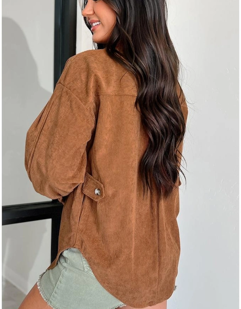 Cinnamon Corduroy Flap Pocket Button Up Round Hem Shacket